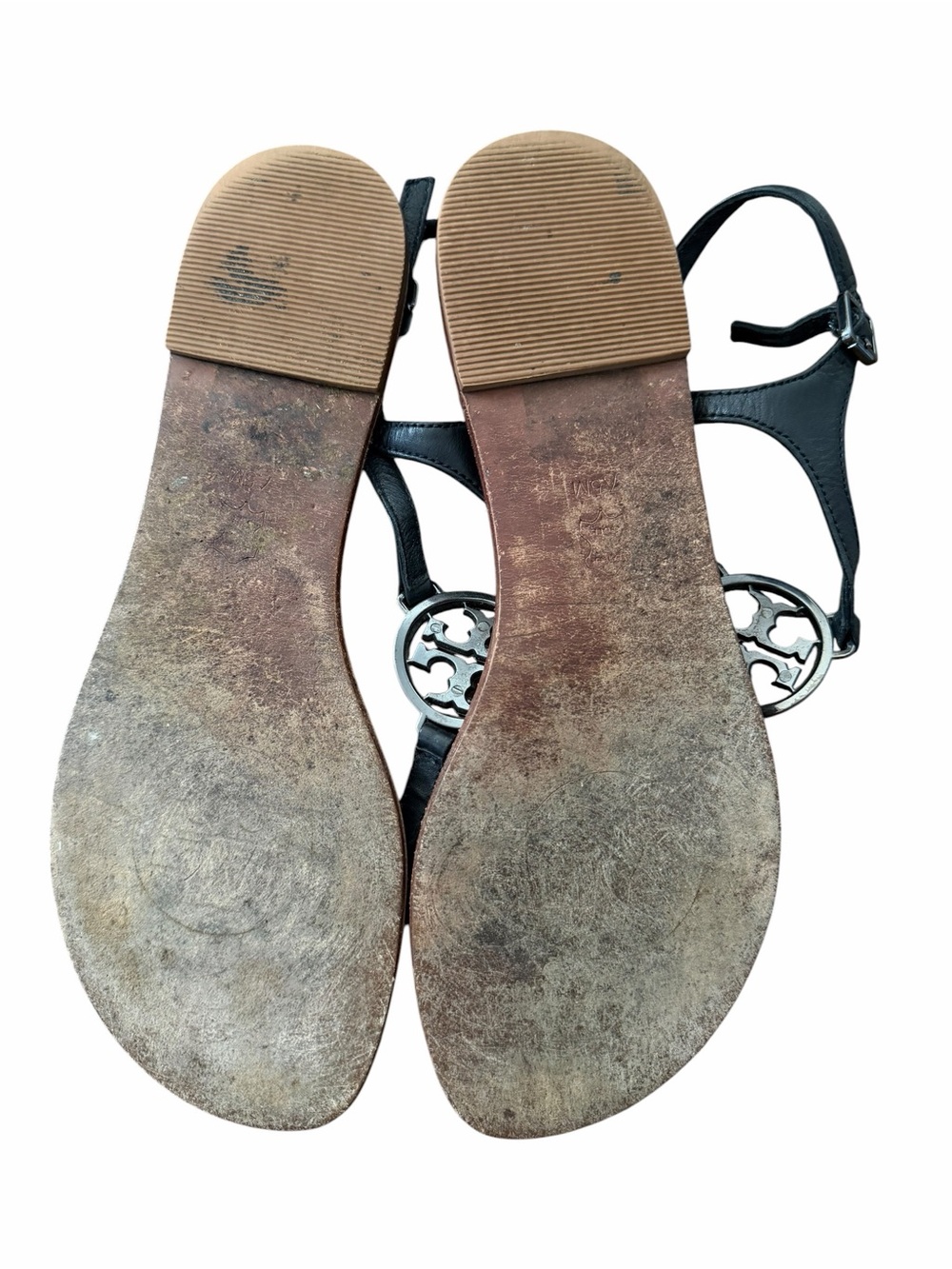 Tory Burch Black Leather Logo Thong Sandals with Tan Leather Footbed - Picture 3 of 7